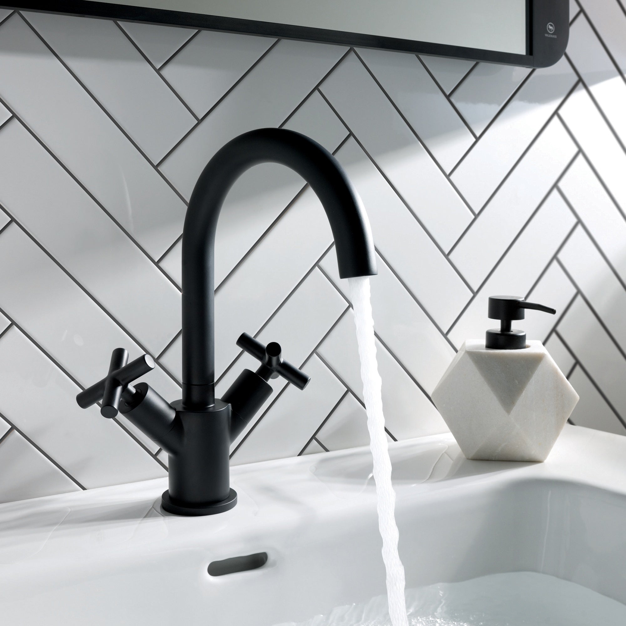 Aura Deck Mounted Crosshead Basin Mixer Tap Brass Matt Black Swivel Spout