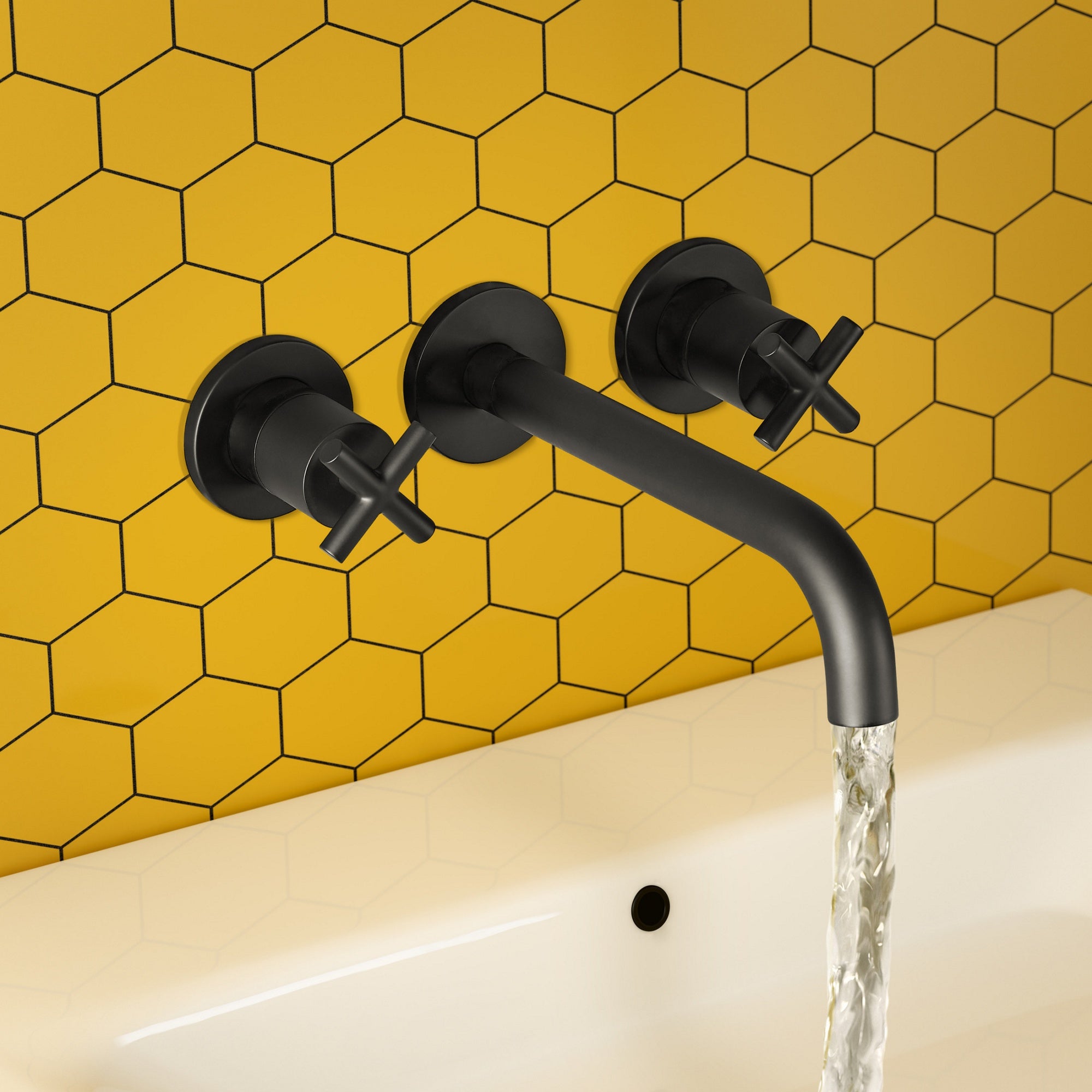 Aura 3 Hole Wall Mounted Crosshead Basin Mixer Tap Brass Matt Black