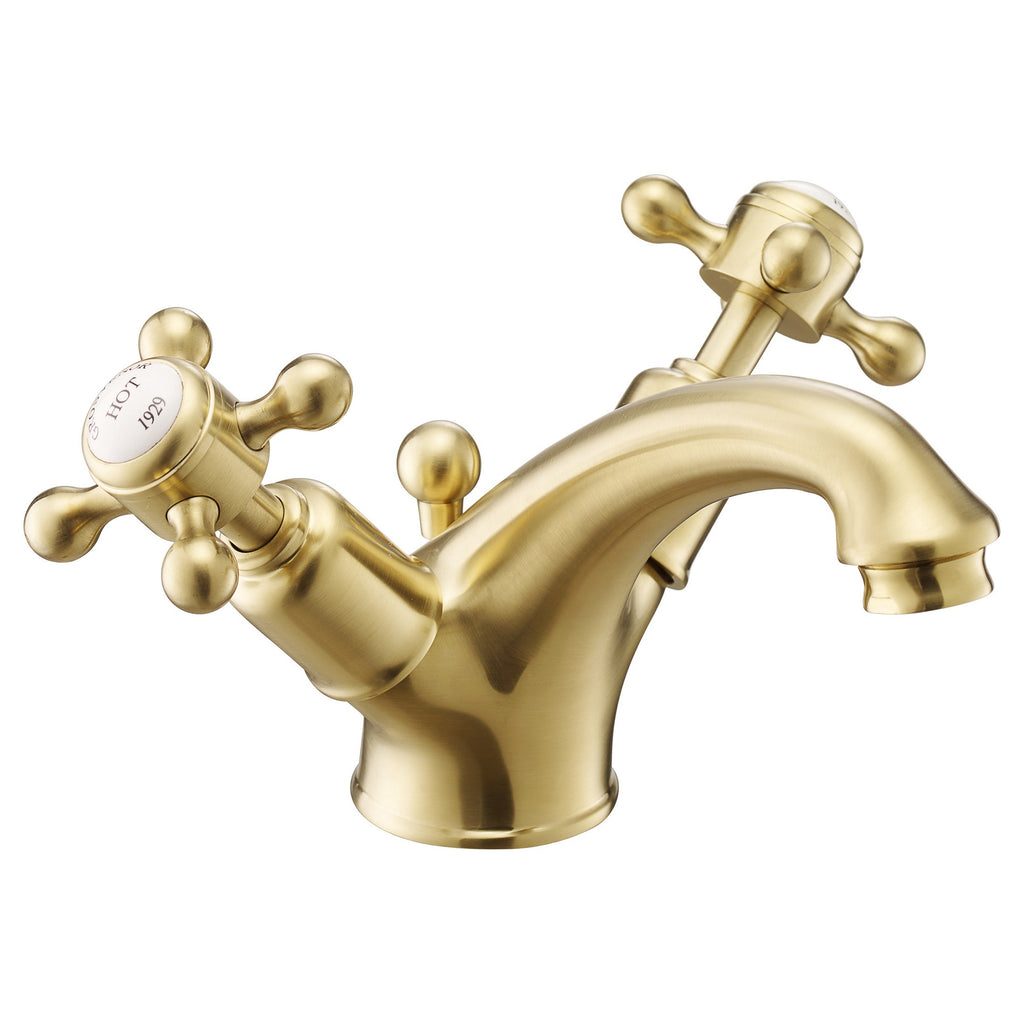 Mayfair Crosshead Basin Mixer Tap With Pop Up Waste Brushed Brass Deck Mounted