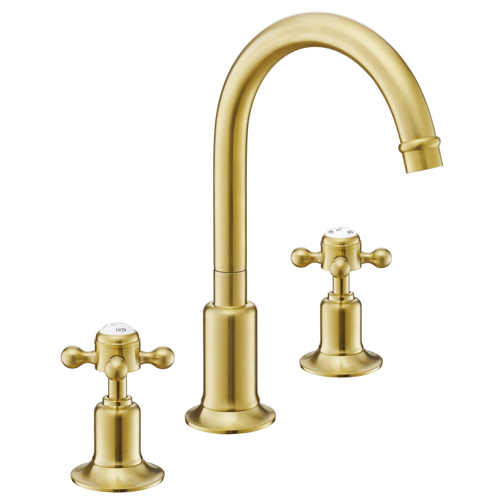 Mayfair 3 Hole Deck Mounted Crosshead Basin Mixer Tap Swivel Spout Brushed Brass
