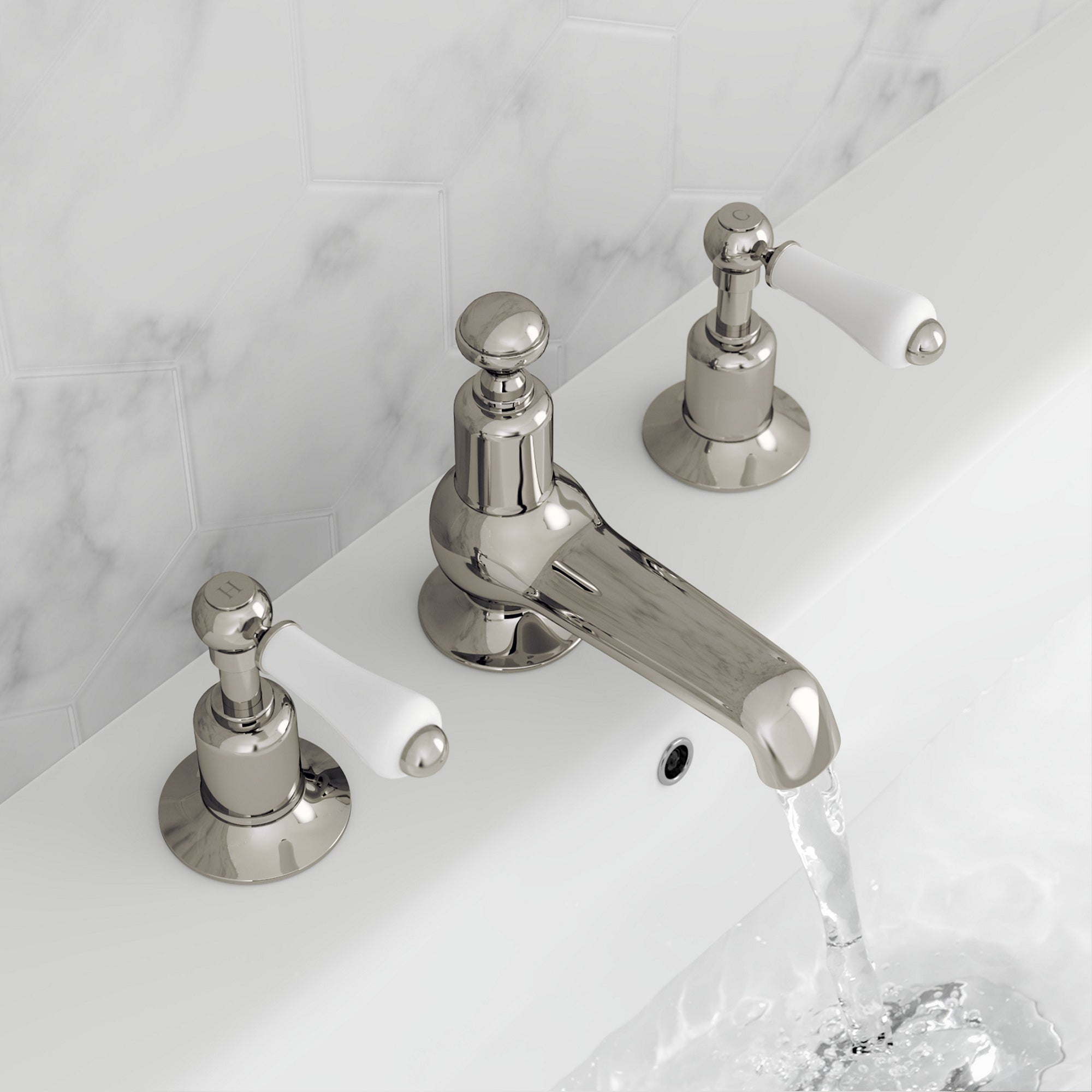 Bubly Mayfair 3 Hole Deck Mounted Lever Basin Mixer Tap Nickel Brass