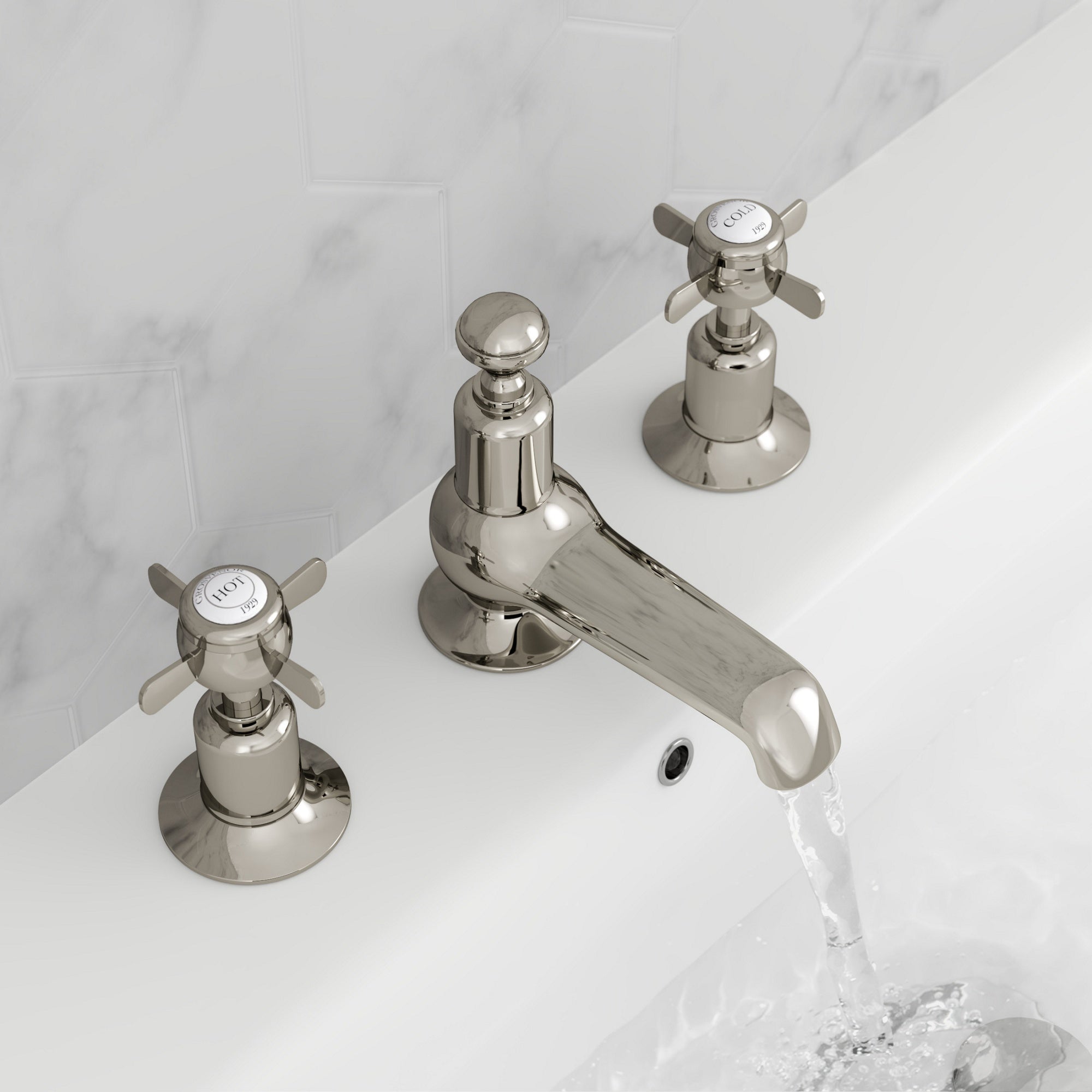 Bubly Mayfair 3 Hole Deck Mounted Pinch Basin Mixer Tap Nickel Brass Crosshead