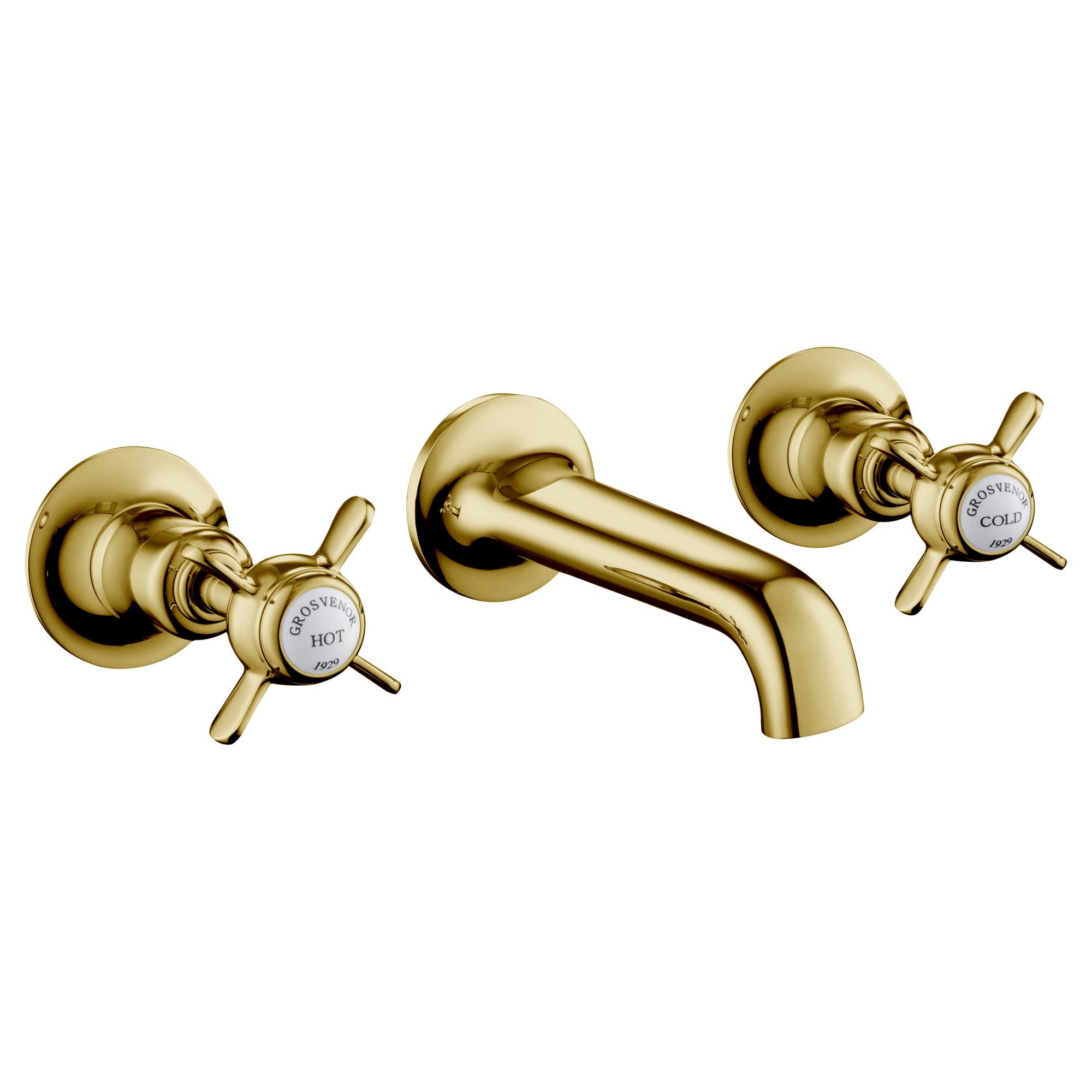 Bubly Mayfair 3 Hole Wall Mounted Pinch Basin Mixer Tap Light Gold Brass Crosshead