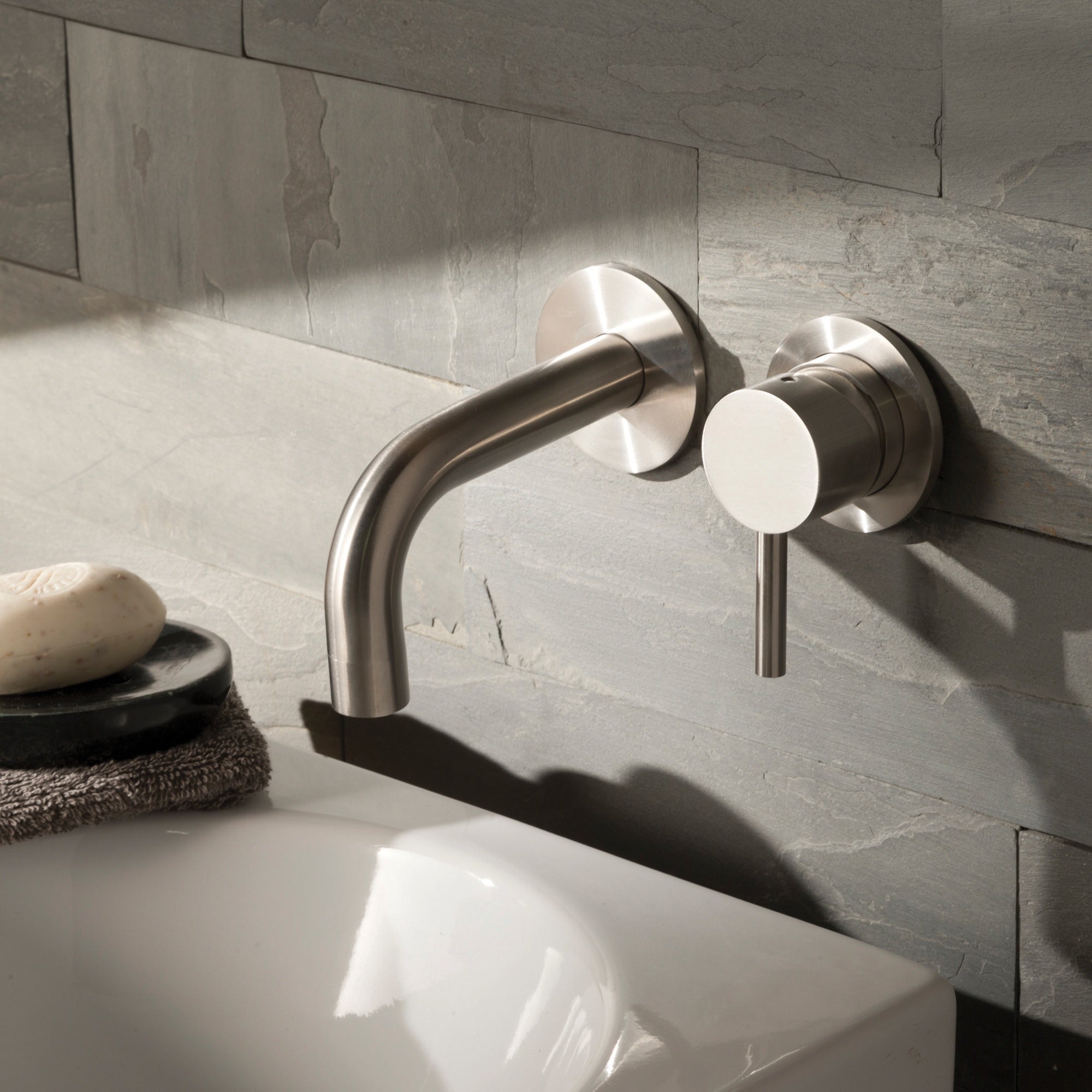 Bubly Stark 2 Hole Wall Mounted Basin Mixer Tap Stainless Steel Lever