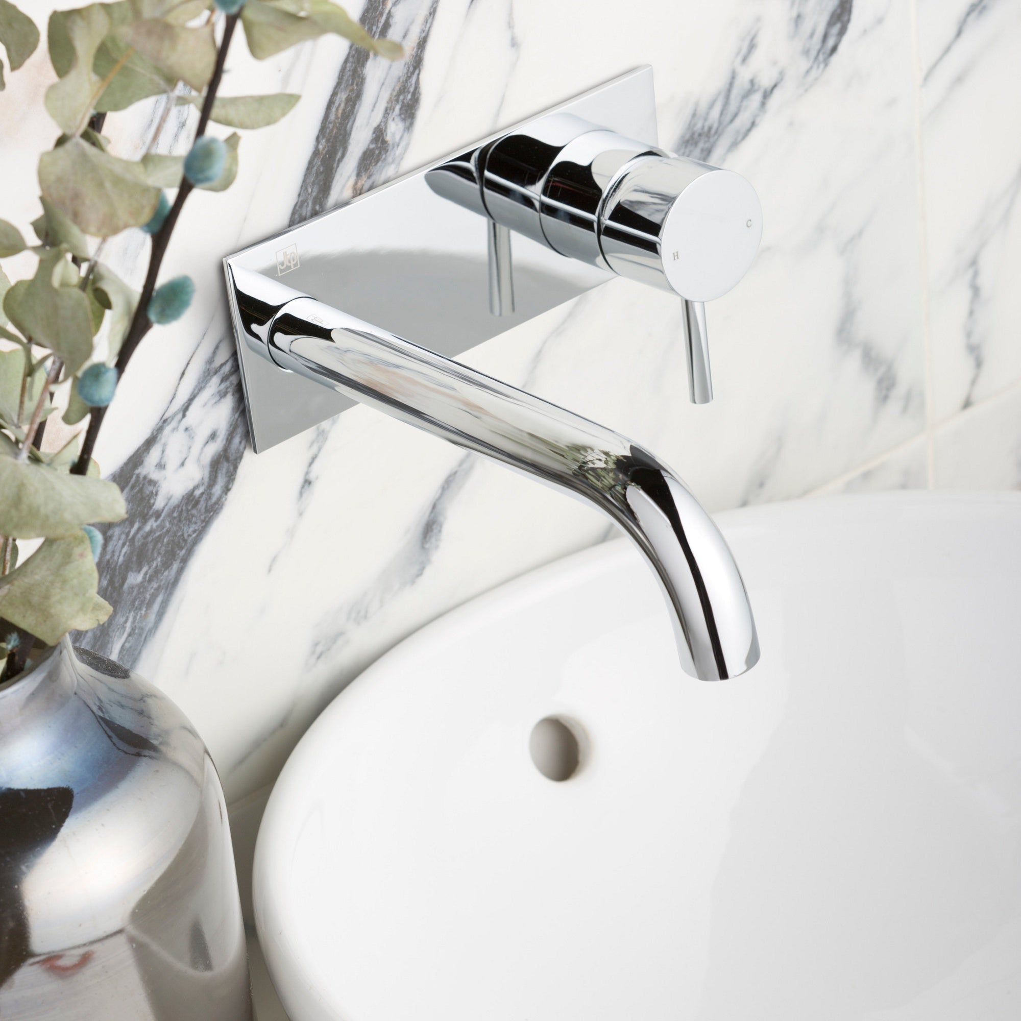 Bubly Arno Wall Mounted Basin Mixer Tap With Back Plate Chrome Brass Lever