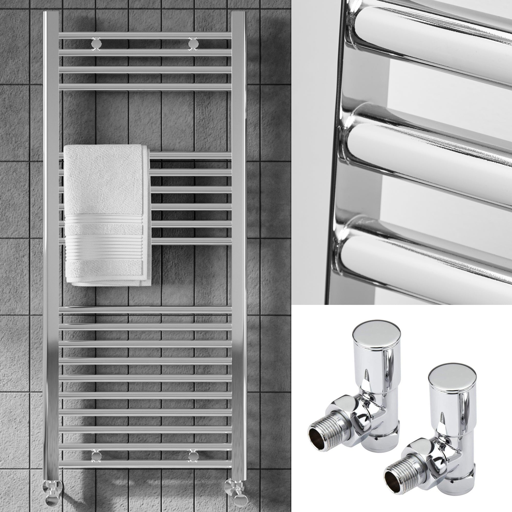 1200 x 500mm Chrome Heated Bathroom Towel Warmer Ladder Rail Radiator & Angled Radiator Valves