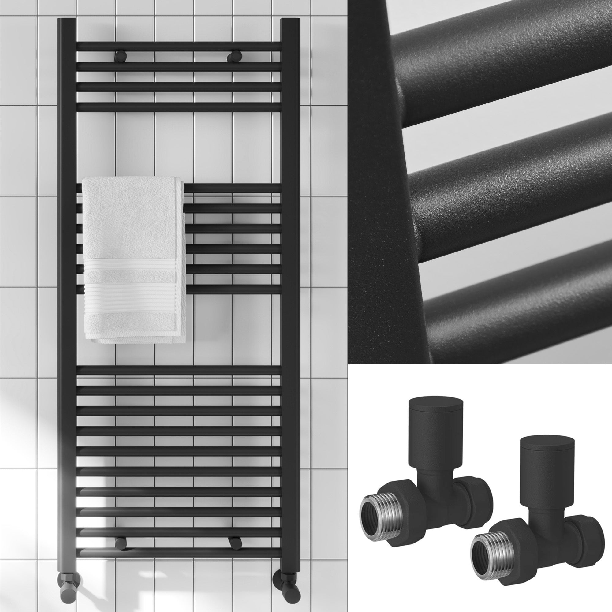 1200 x 600mm Matt Black Heated Towel Rail Radiator with Angled Valves - Modern Bathroom Ladder Design