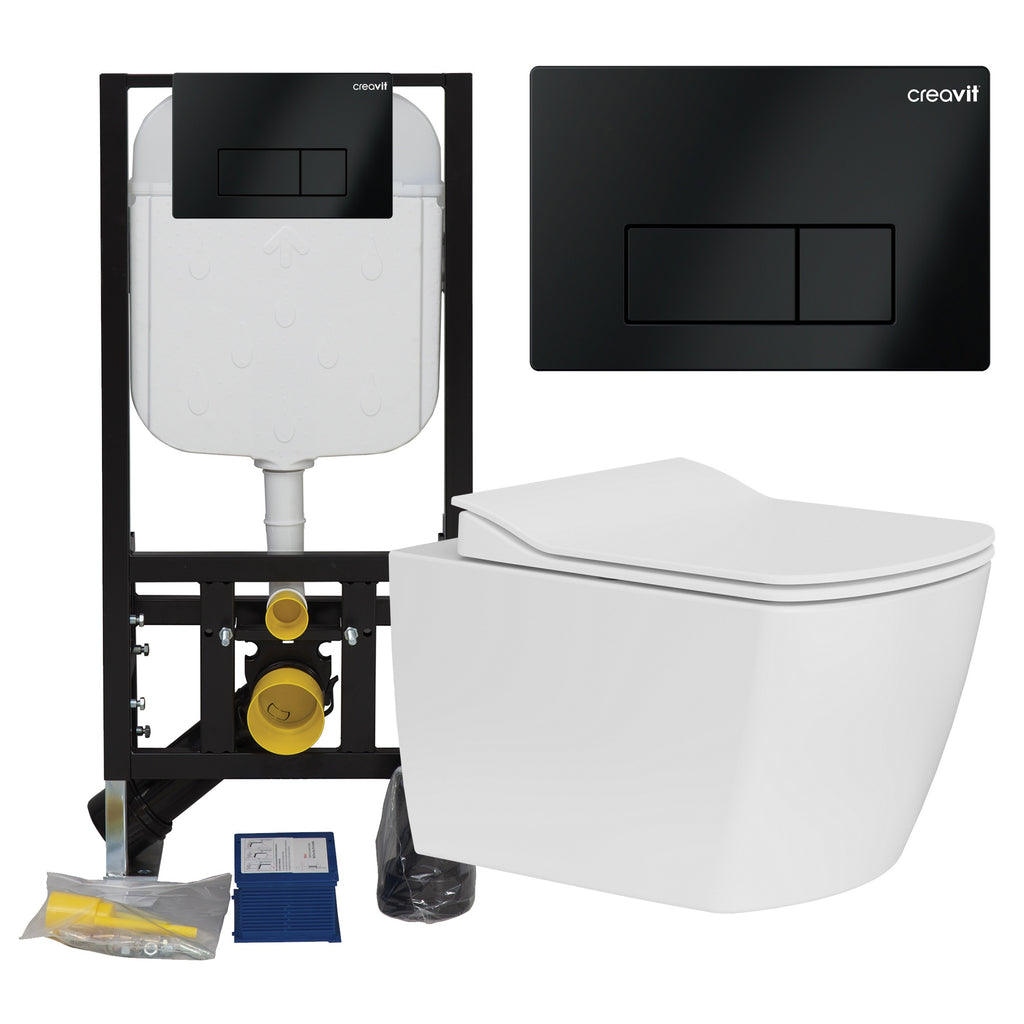 Rimless Square Wall Hung Toilet Pan & Concealed Cistern Matt Black Square Button Flush Plate