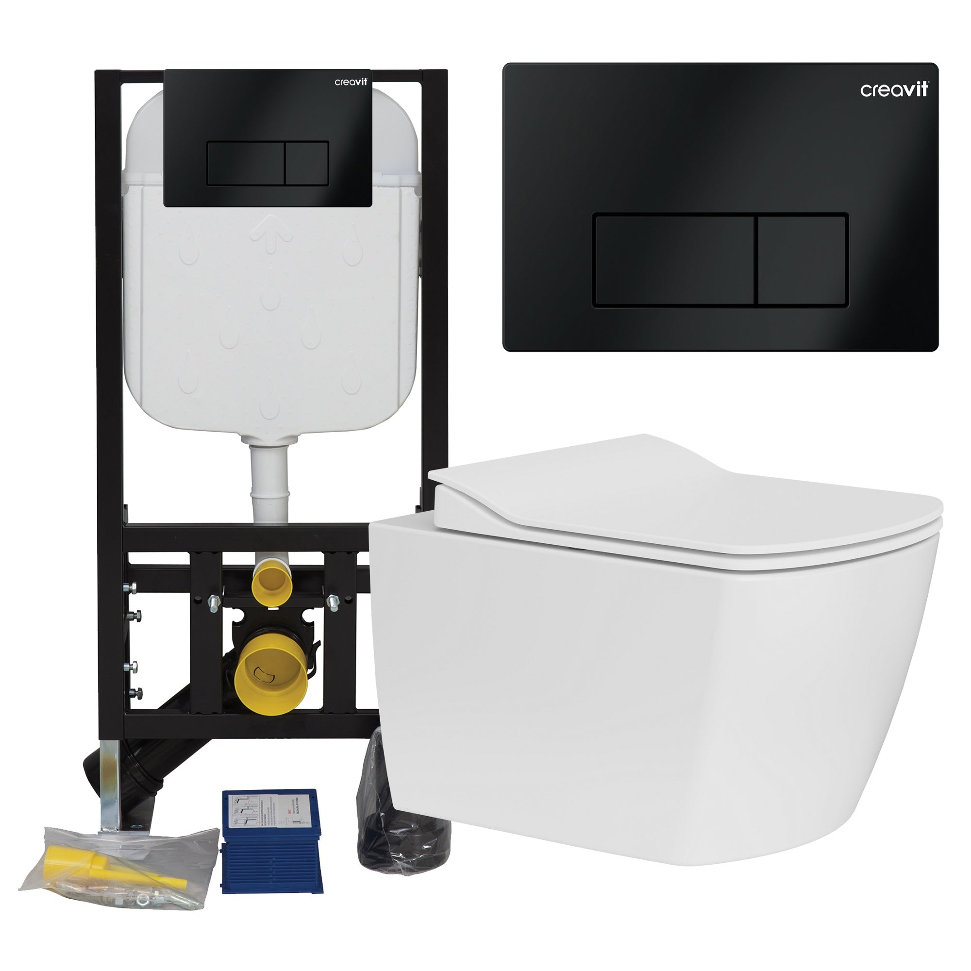 Rimless Square Wall Hung Toilet Pan & Concealed Cistern Matt Black Square Button Flush Plate