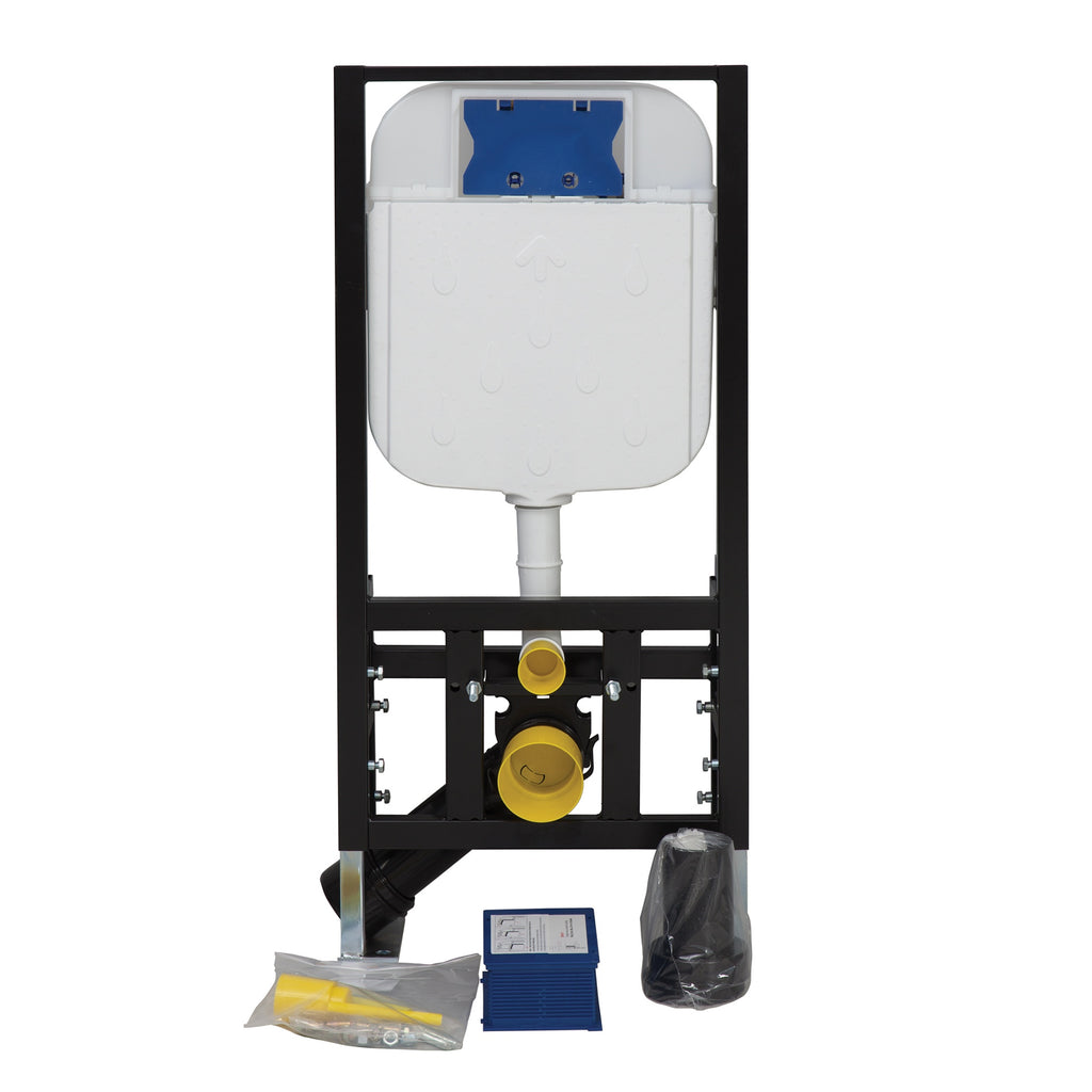 Rimless Square Wall Hung Toilet Pan & Concealed Cistern Matt Black Round Button Flush Plate