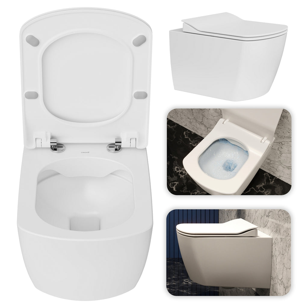 Rimless Square Wall Hung Toilet Pan & Concealed Cistern Matt Black Round Button Flush Plate