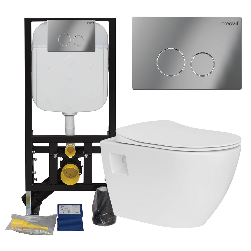 White Wall Hung Toilet Pan & Concealed Cistern Chrome Round Button Flush Plate