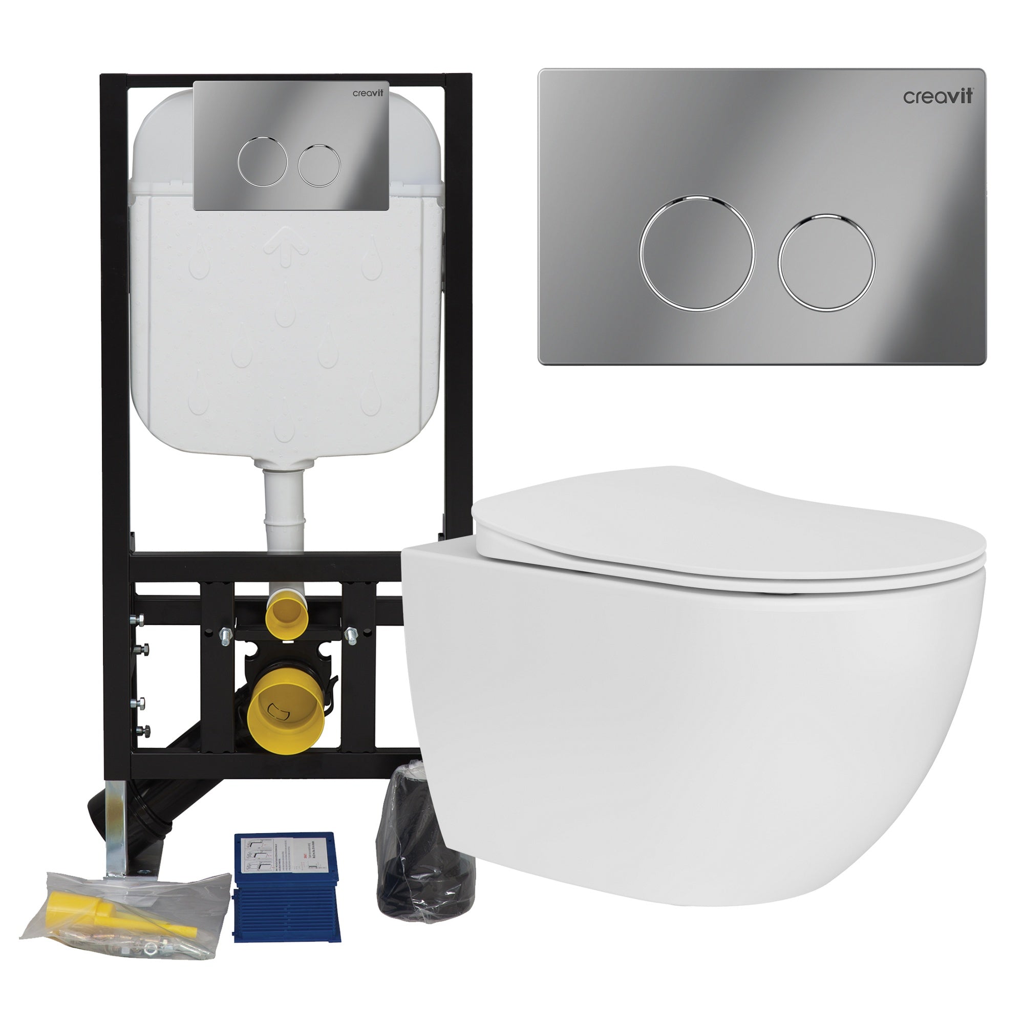 Creavit Rimless Wall Hung Toilet & Concealed Cistern Frame Set with Chrome Dual Flush Plate