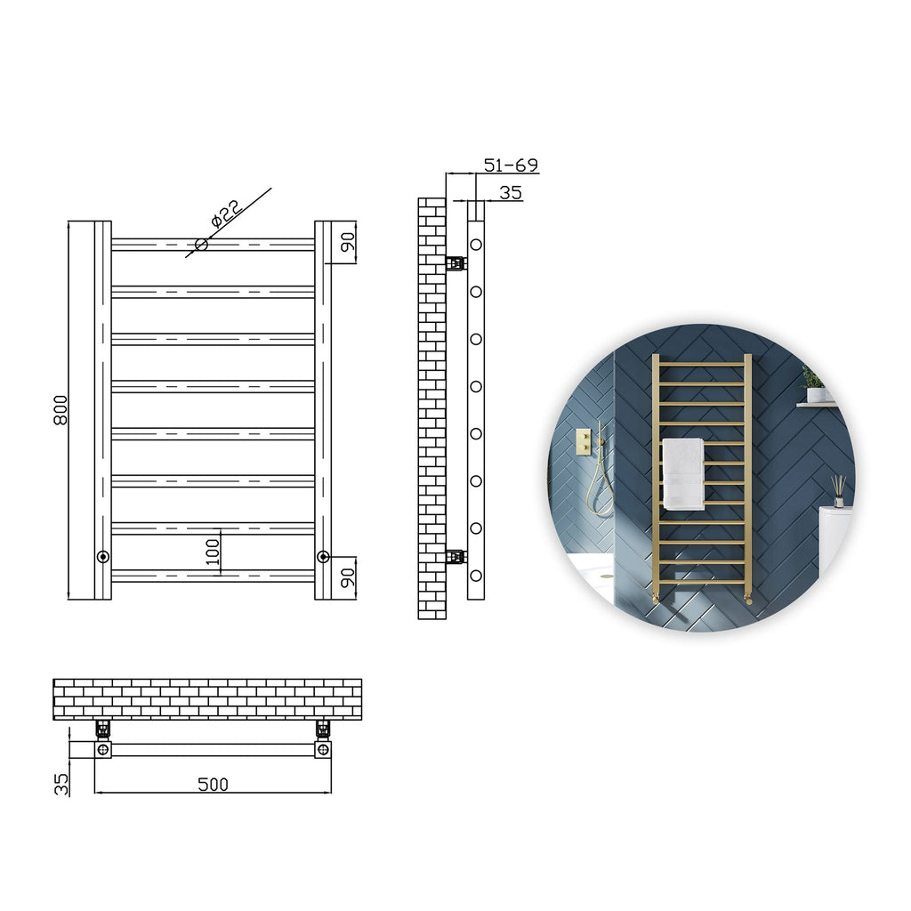 Brushed Brass 800 x 500 Heated Towel Warmer Rail Radiator