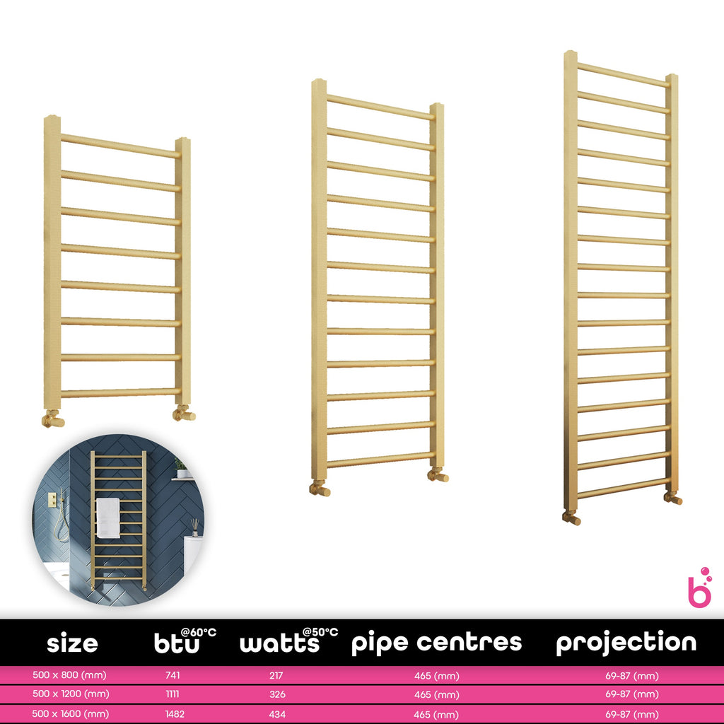 Brushed Brass 1600 x 500 Heated Towel Warmer Rail Radiator