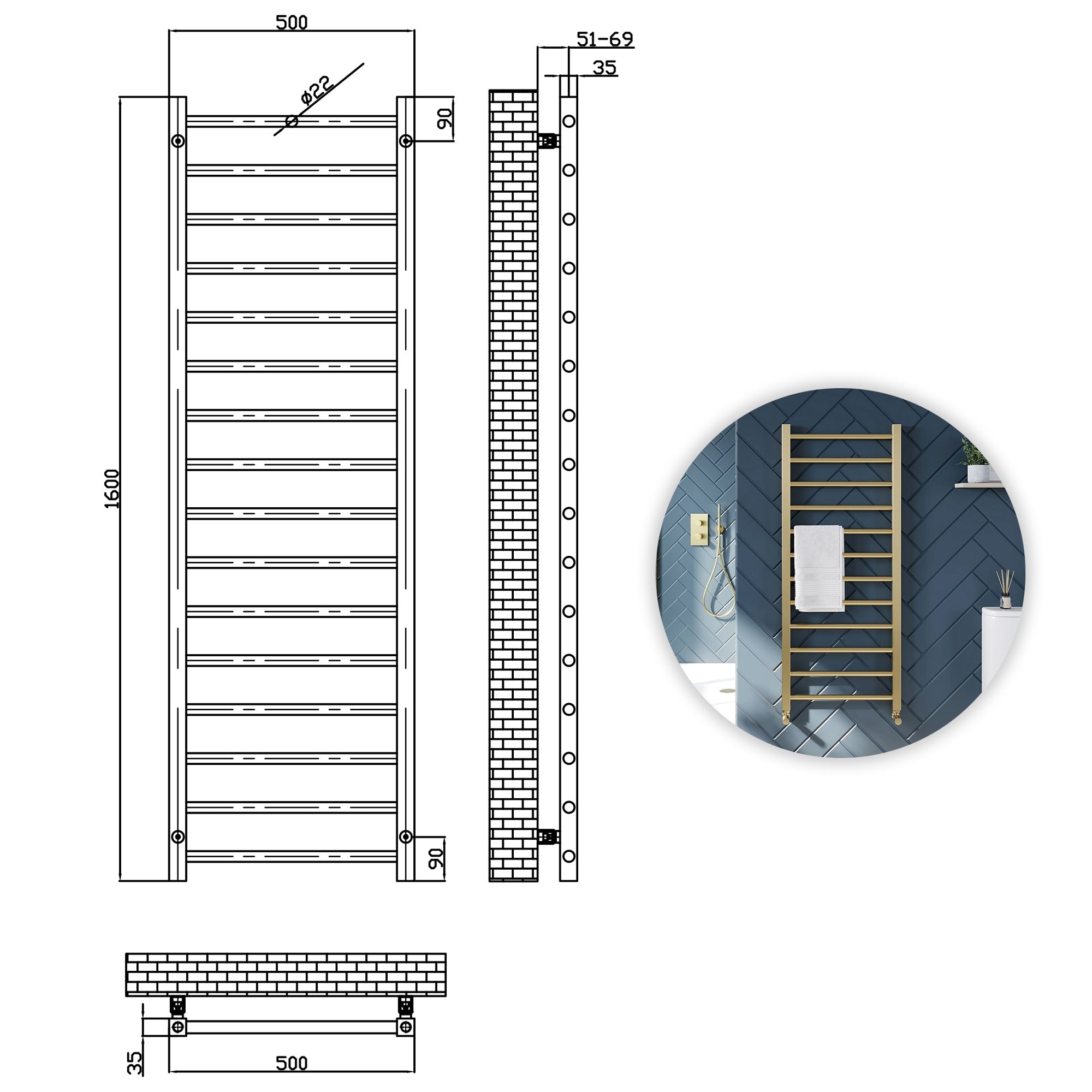 Brushed Brass 1600 x 500 Heated Towel Warmer Rail Radiator