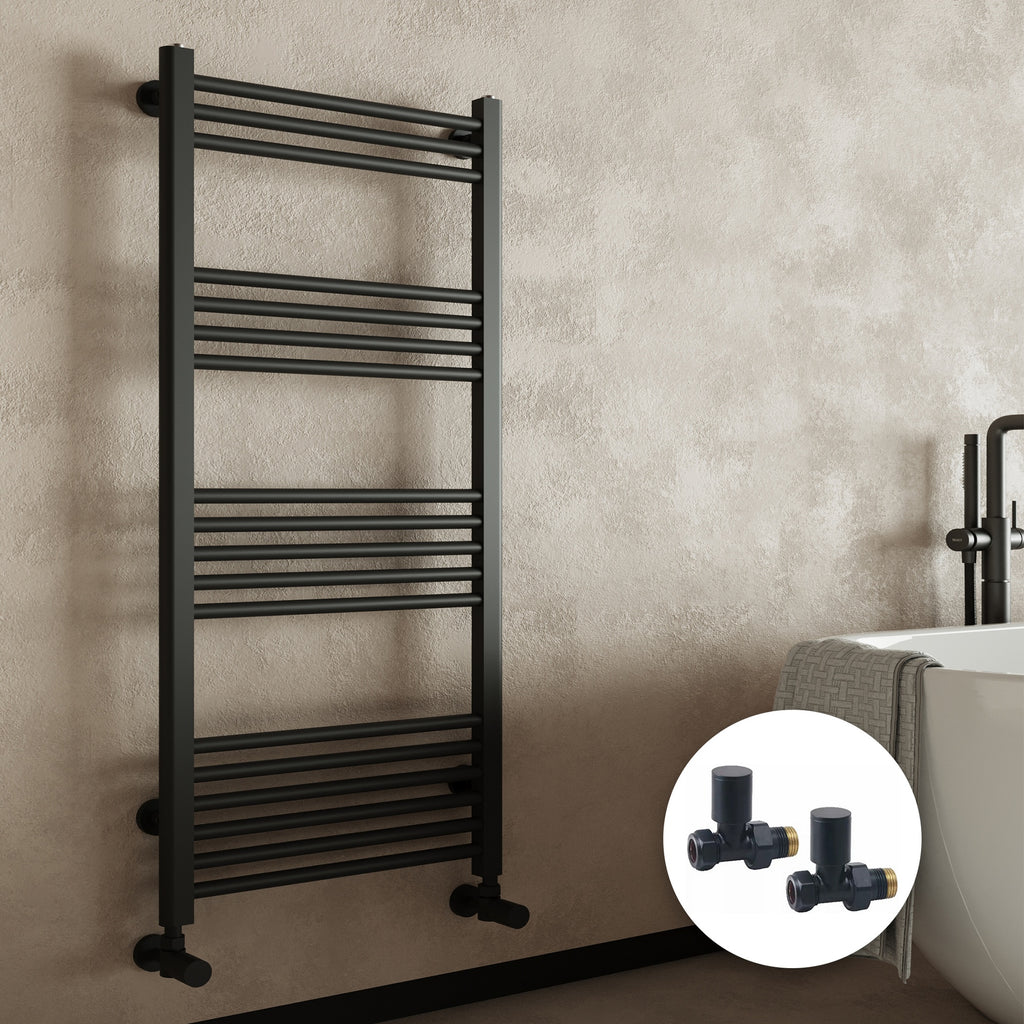 Matt Black Bathroom Straight Heated Towel Rail Radiator 600 x 800 & Straight Manual Valves
