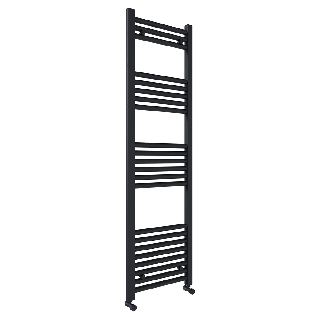 Matt Black Bathroom Straight Heated Towel Rail Radiator 400 x 1400 & Straight Manual Valves