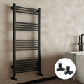 Matt Black Bathroom Straight Heated Towel Rail Radiator 400 x 1200 & Straight Manual Valves