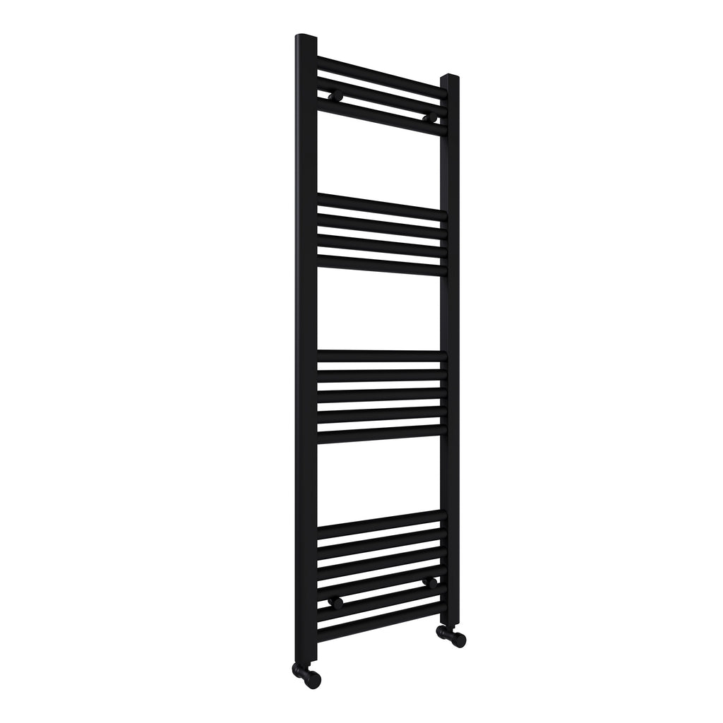 Matt Black Bathroom Straight Heated Towel Rail Radiator 400 x 1200 & Straight Manual Valves