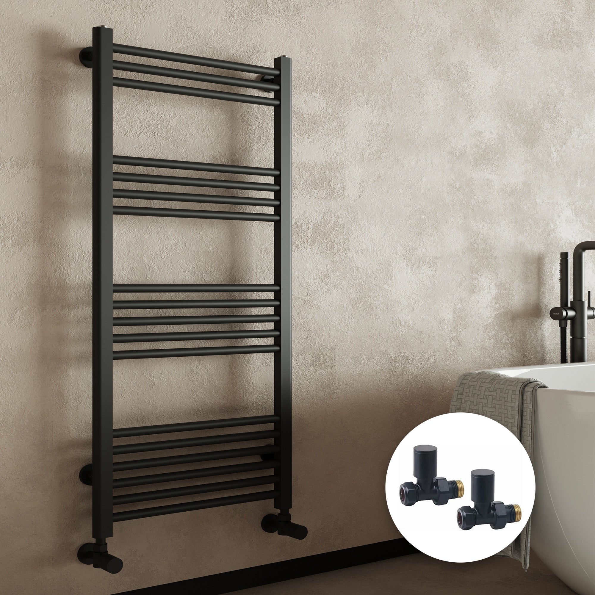 Matt Black Bathroom Straight Heated Towel Rail Radiator 300 x 1800 & Straight Manual Valves