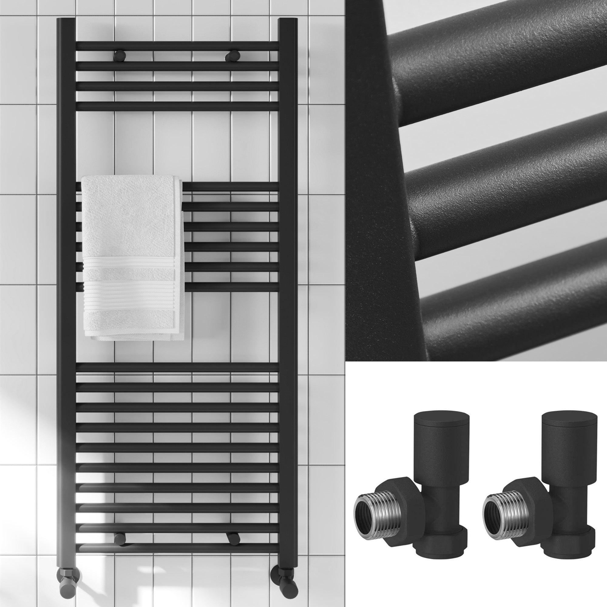 Bubly Bathrooms™ 500 x 700mm Matt Black Heated Bathroom Towel Warmer Ladder Rail Radiator & Angled Radiator Valves