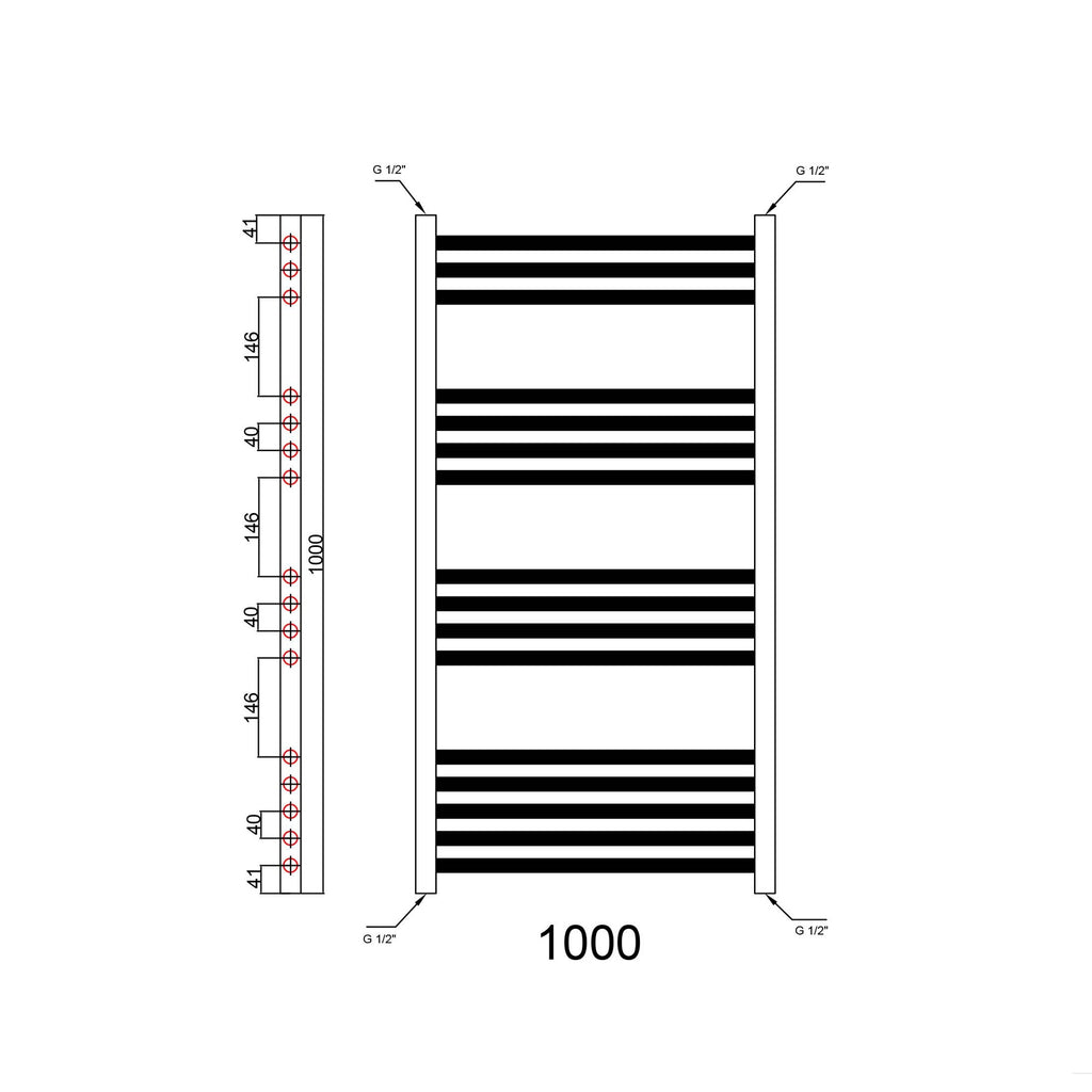 Matt Black Bathroom Straight Heated Towel Rail Radiator 500 x 1000 & Angled Manual Valves