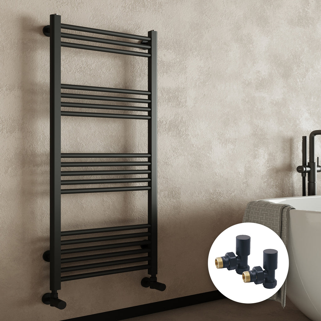Matt Black Bathroom Straight Heated Towel Rail Radiator 400 x 800 & Angled Manual Valves