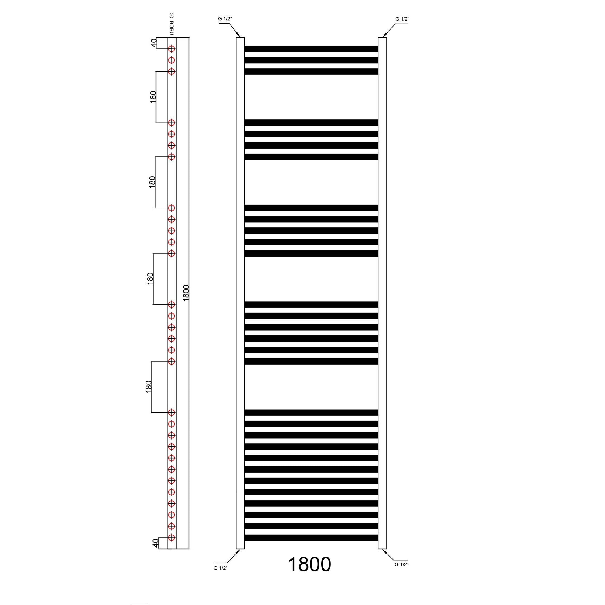 Matt Black Bathroom Straight Heated Towel Rail Radiator 300 x 1800 & Angled Manual Valves