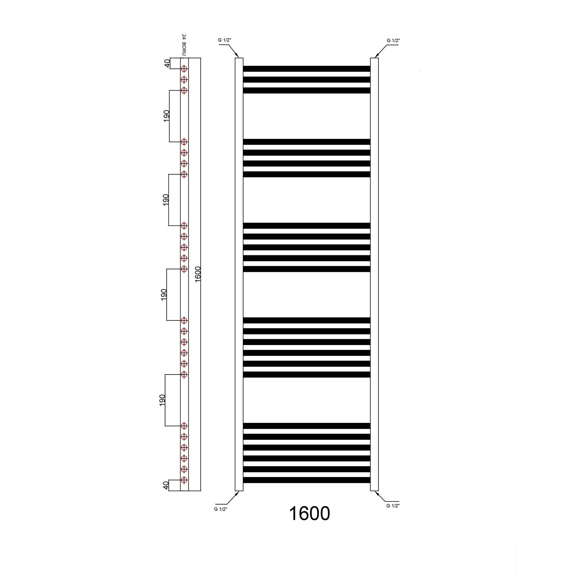 Matt Black Bathroom Straight Heated Towel Rail Radiator 300 x 1600 & Angled Manual Valves