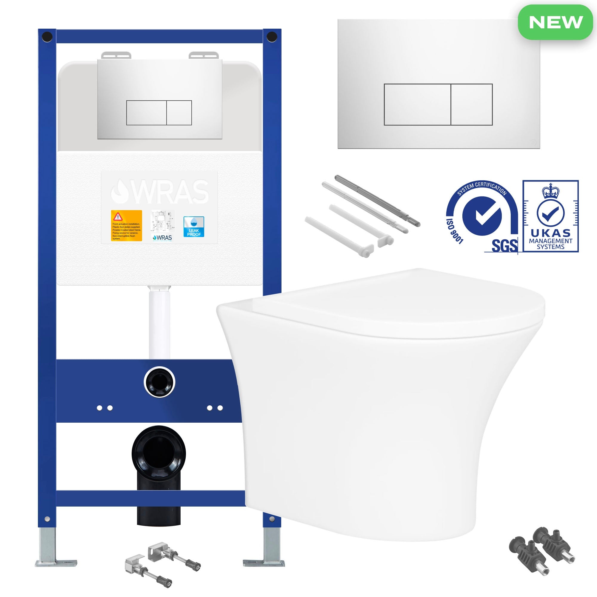 Rimless Wall Hung Toilet Pan with Concealed Cistern Fame - Chrome Flush Plate