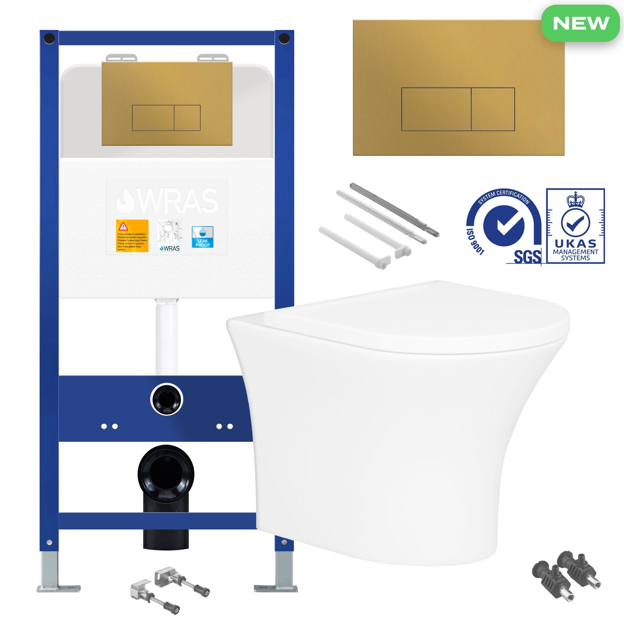 Rimless Wall Hung Toilet Pan with Concealed Cistern Fame - Brushed Brass Gold Flush Plate