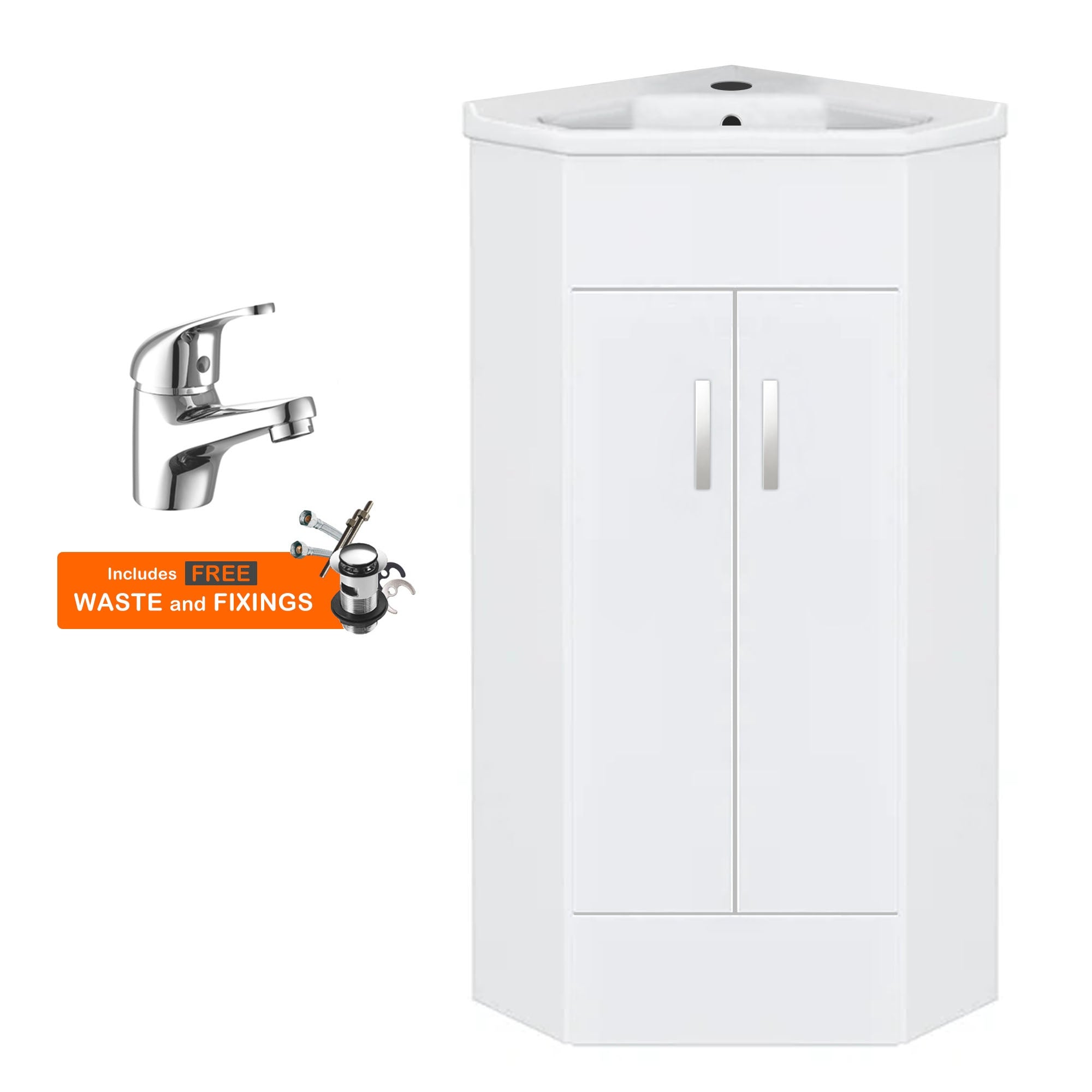 FNX Bathrooms Compact Gloss White Corner Vanity Unit & Basin Set with 2 Doors, Chrome Mixer Tap & Waste for Cloakrooms