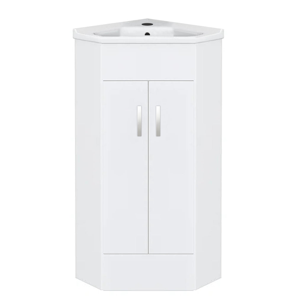 FNX Bathrooms Compact Gloss White Corner Vanity Unit & Basin Set with 2 Doors, Chrome Mixer Tap & Waste for Cloakrooms