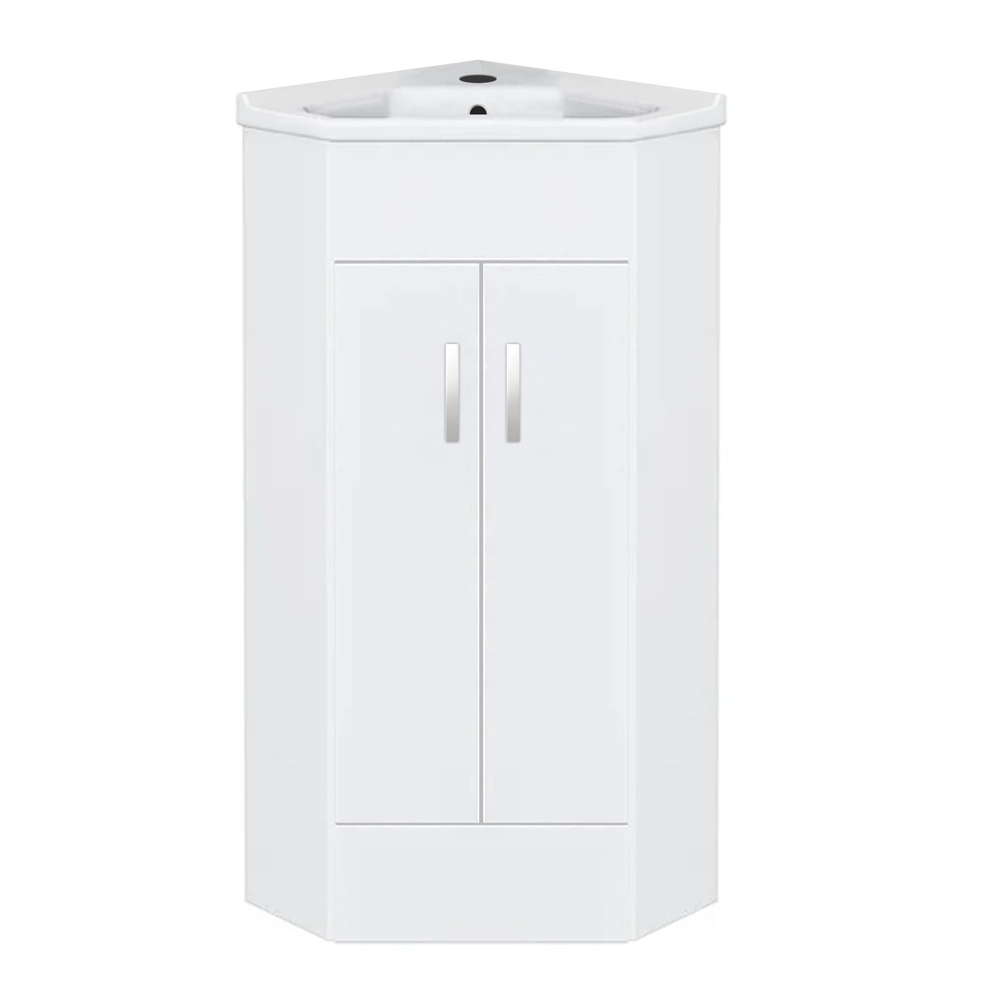 FNX Bathrooms Compact Gloss White Corner Vanity Unit & Basin Set with 2 Doors, Chrome Mixer Tap & Waste for Cloakrooms