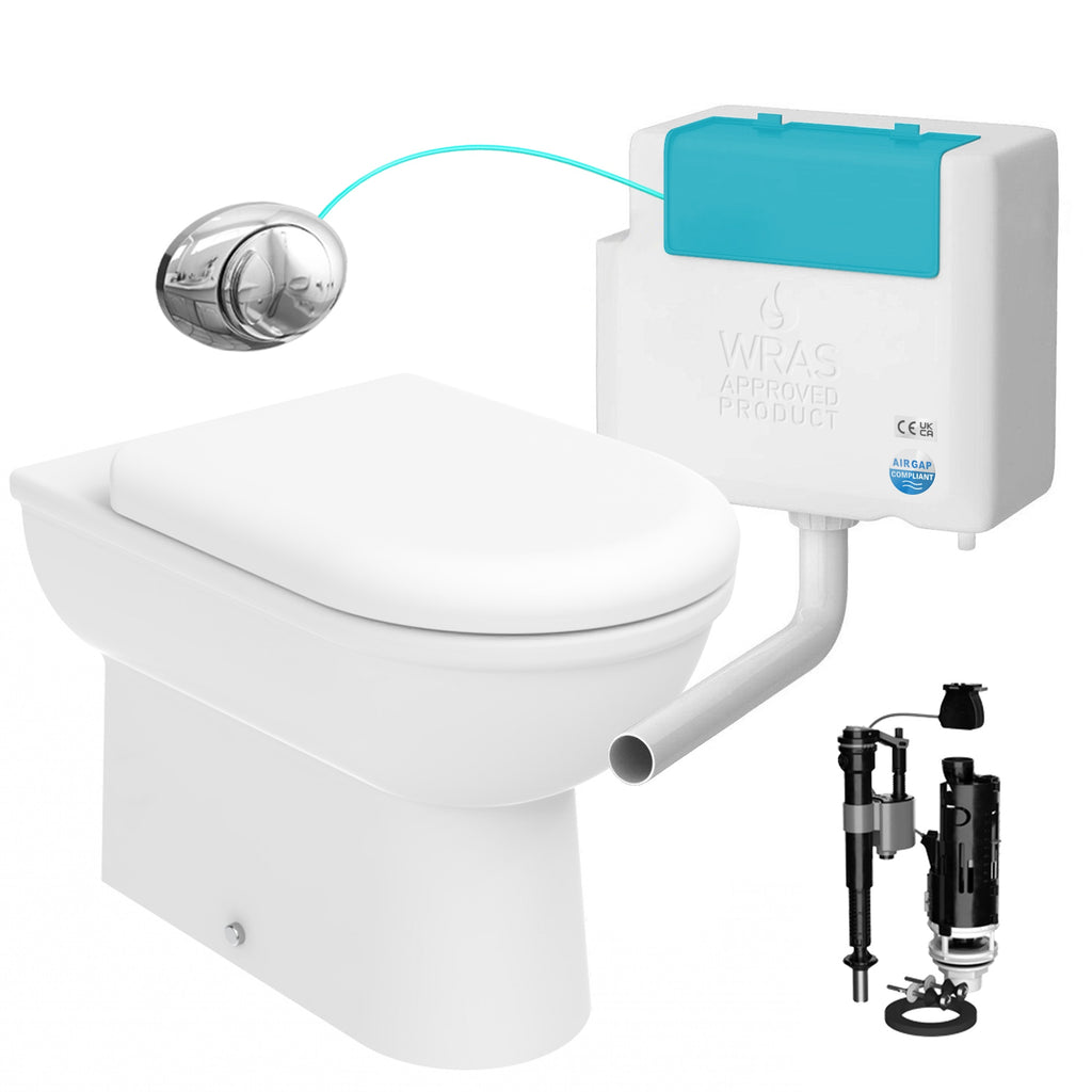 D Shape Back to Wall Toilet Pan Soft Close Seat & WRAS Concealed Cistern Set - Bottom Entry - Chrome Button