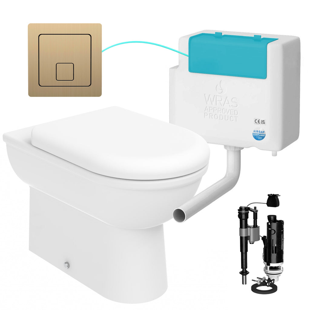 D Shape Back to Wall Toilet Pan Soft Close Seat & WRAS Concealed Cistern Set - Bottom Entry - Brushed Brass Square Button