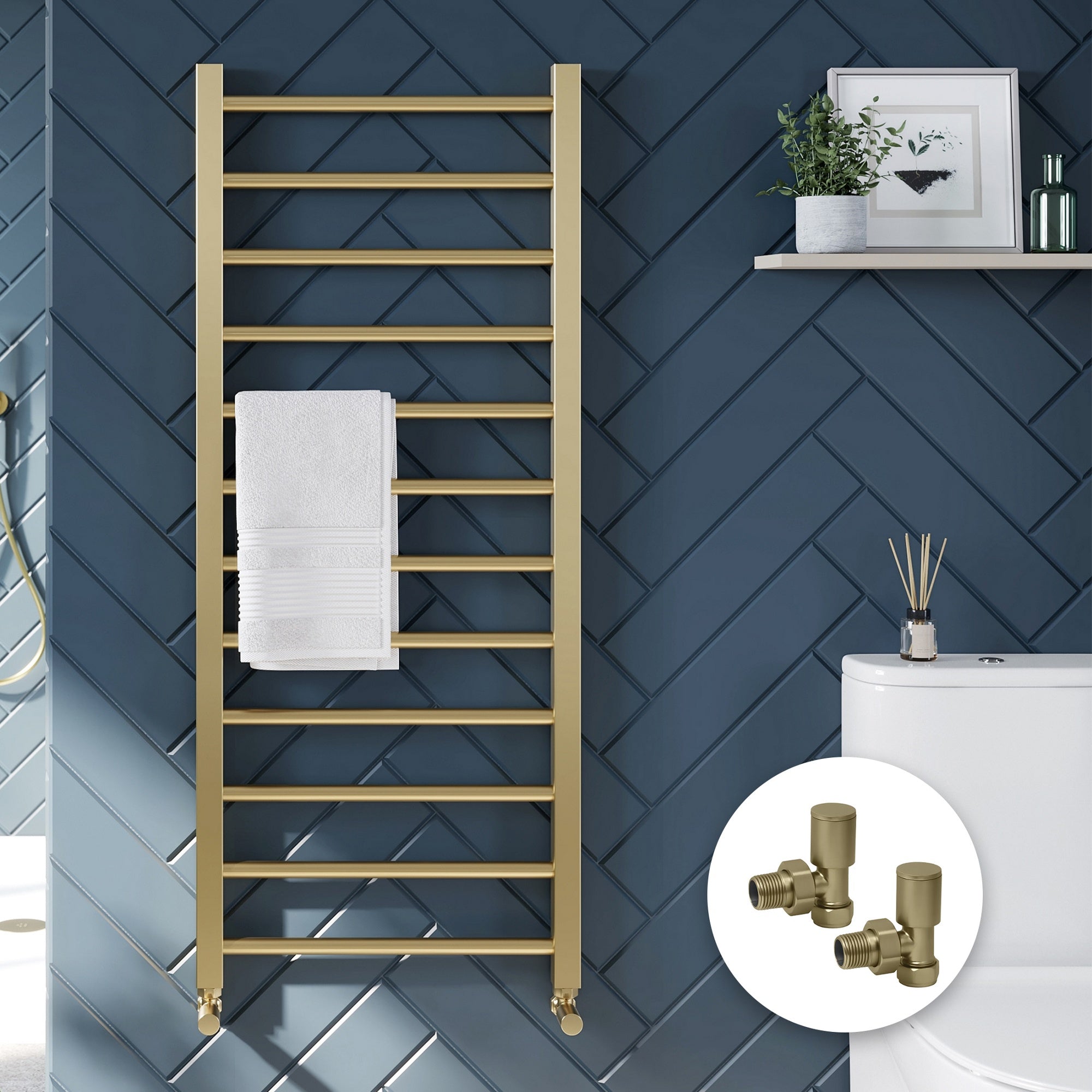 Brushed Brass Bathroom Straight Heated Towel Rail Radiator 500 x 800 & Angled Manual Valves
