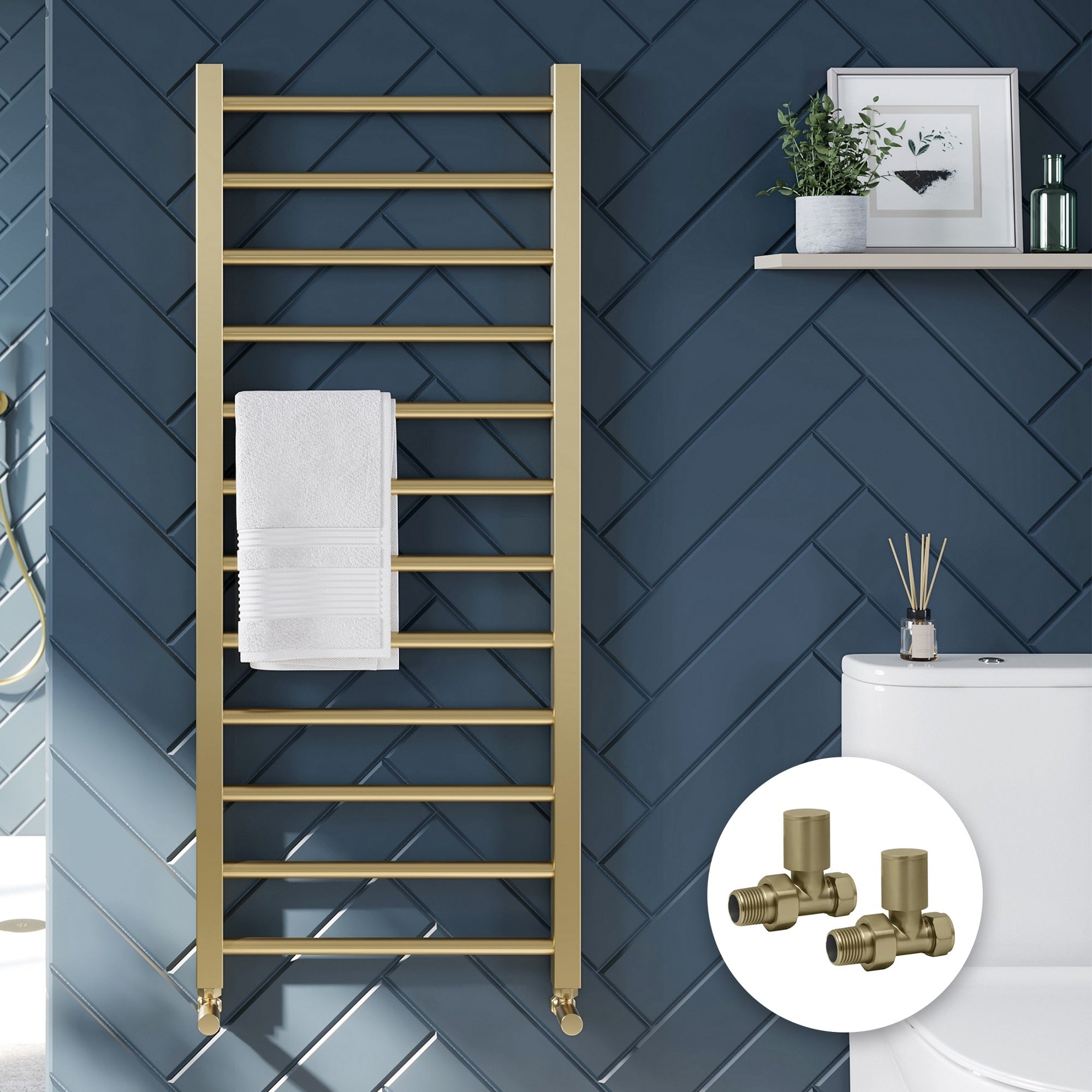 Brushed Brass Bathroom Straight Heated Towel Rail Radiator 500 x 800 & Straight Manual Valves