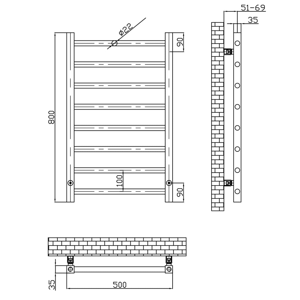 Bubly Bathrooms™ 500 x 800mm Brushed Bronze Heated Bathroom Towel Warmer Ladder Rail Radiator & Angled Radiator Valves