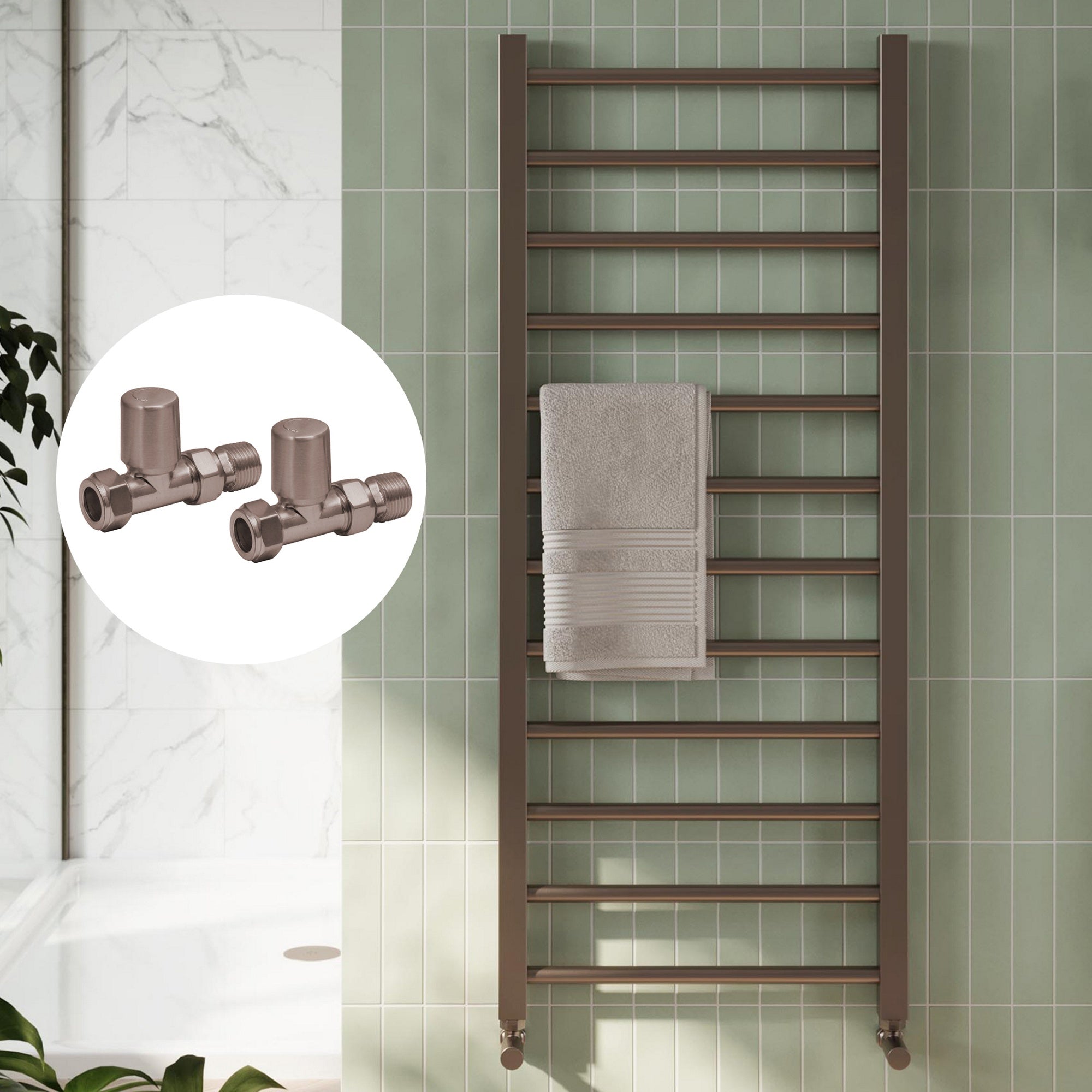 Bubly Bathrooms™ 500 x 800mm Brushed Bronze Heated Bathroom Towel Warmer Ladder Rail Radiator & Straight Radiator Valves