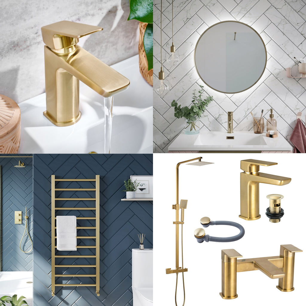 Complete Brushed Brass Bathroom Pack Shower Basin & Bath Filler Towel Rail Illuminated LED Mirror