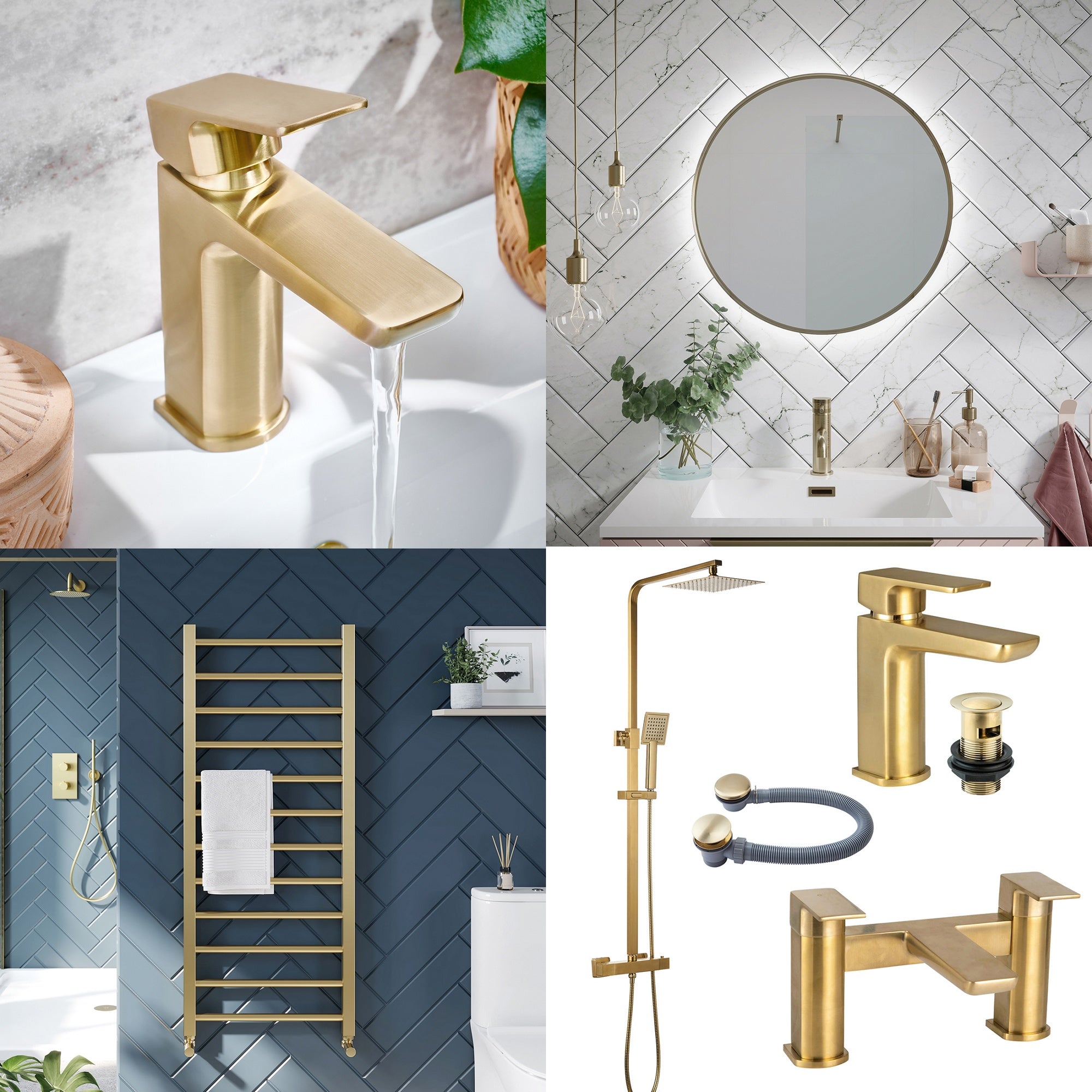 Complete Brushed Brass Bathroom Pack Shower Basin & Bath Filler Towel Rail Illuminated LED Mirror