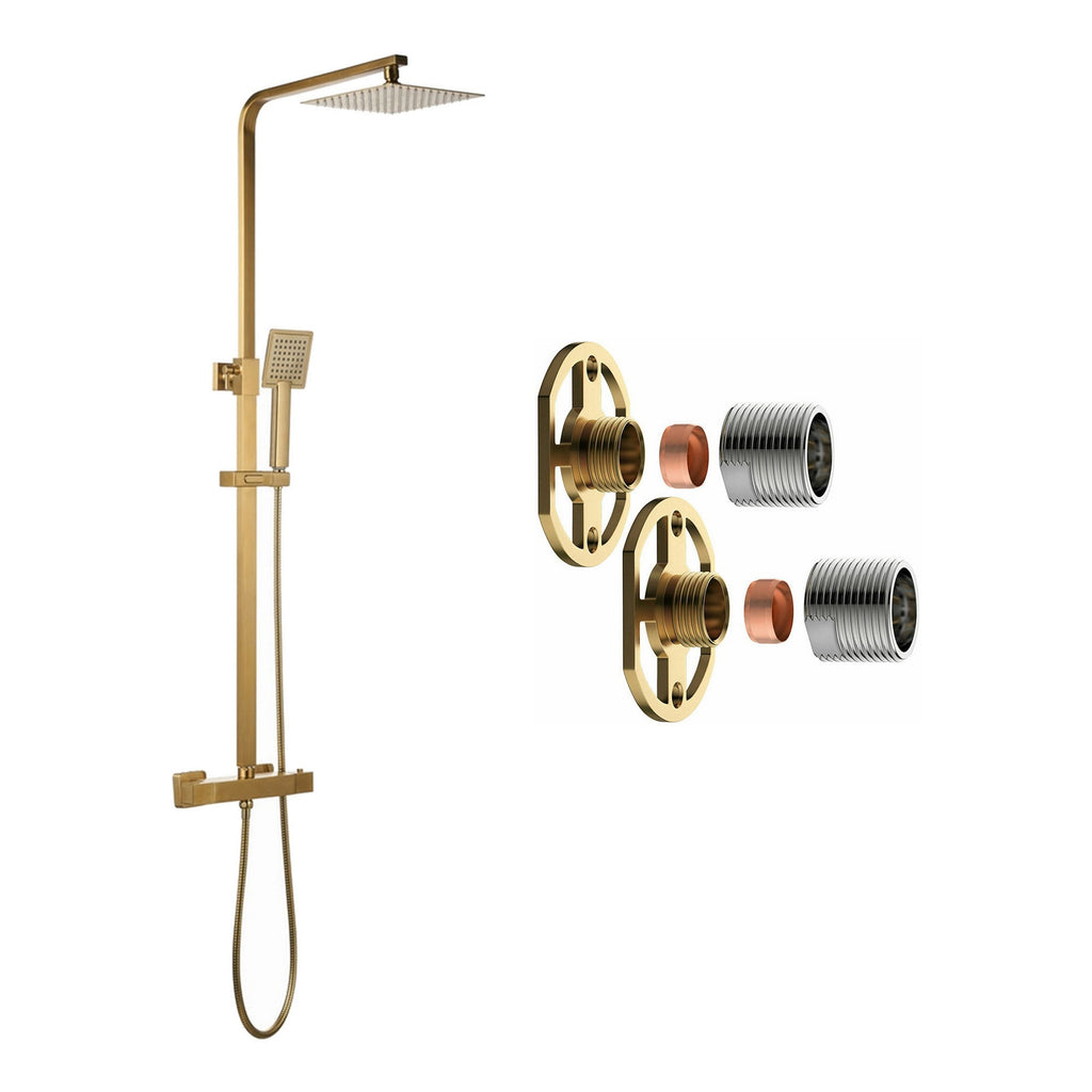 Complete Brushed Brass Bathroom Pack Shower Basin & Bath Filler Towel Rail Illuminated LED Mirror