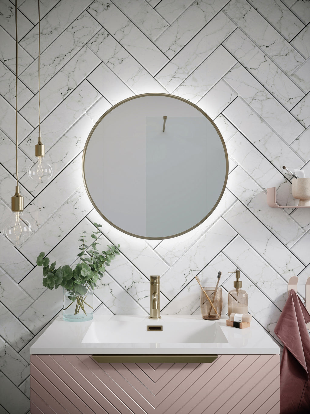 Complete Brushed Brass Bathroom Pack Shower Basin & Bath Filler Towel Rail Illuminated LED Mirror