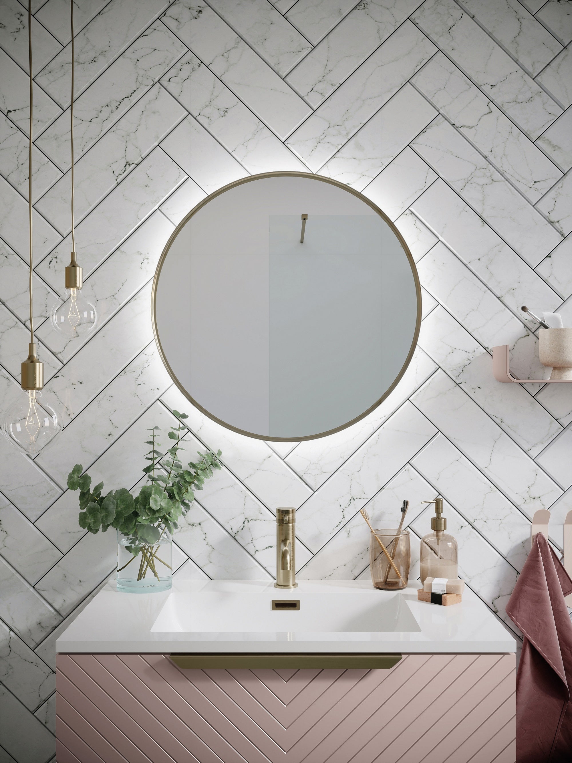 Complete Brushed Brass Bathroom Pack Shower Basin & Bath Filler Towel Rail Illuminated LED Mirror
