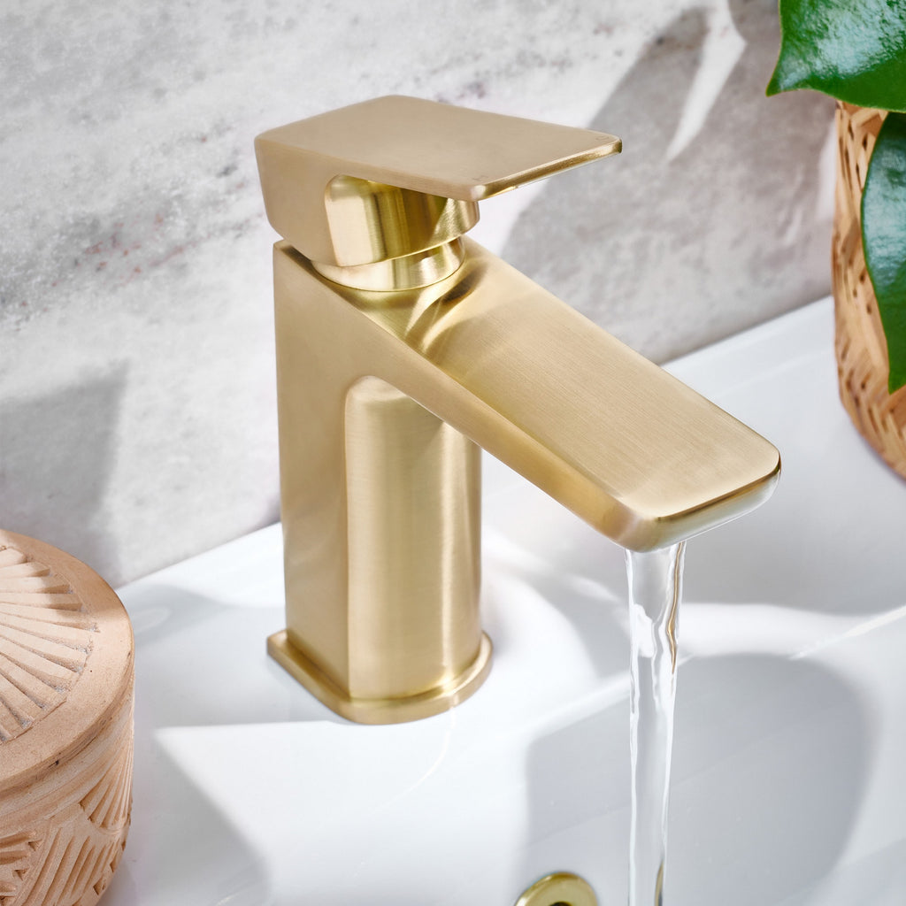 Complete Brushed Brass Bathroom Pack Shower Basin & Bath Filler Towel Rail Illuminated LED Mirror