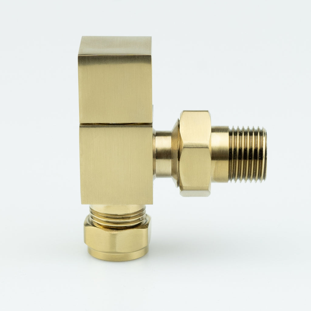 Square Angled Brushed Brass Radiator Valves Solid Brass 15mm - Pair
