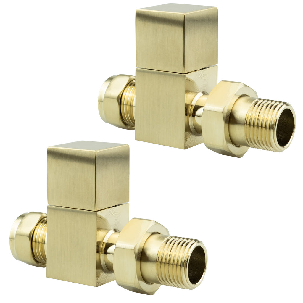Bubly Bathrooms™ 500 x 1200mm Brushed Brass Heated Bathroom Towel Warmer Ladder Rail Radiator & Square Straight Radiator Valves