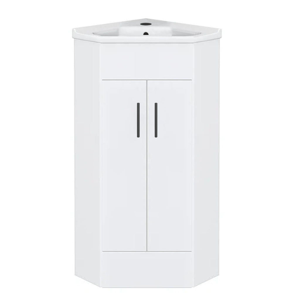 Bubly Bathrooms™ Two Door Corner Vanity Unit & Basin Sink - 555mm - Gloss White with Black Handles